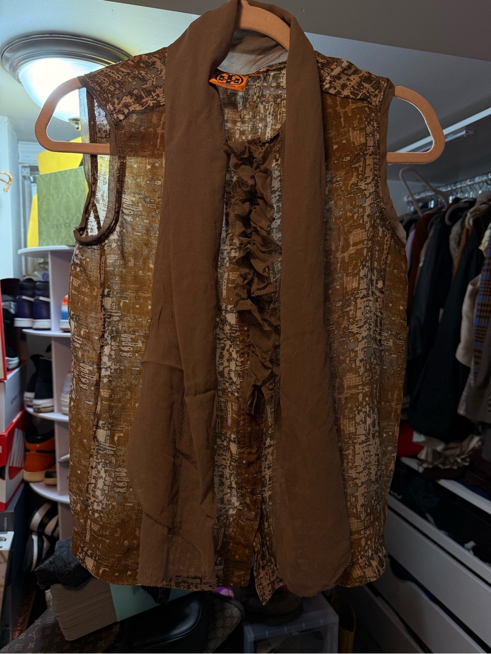 Tory Burch Brown Printed Sheer Ruffle-Front Blouse